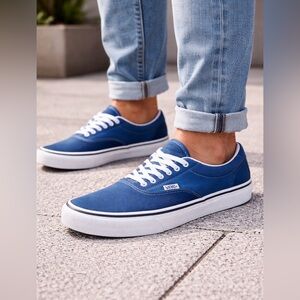 Vans Era Classic Blue Canvas Sneakers Men’s Size 9.5 White Lace Skate Shoes EUC